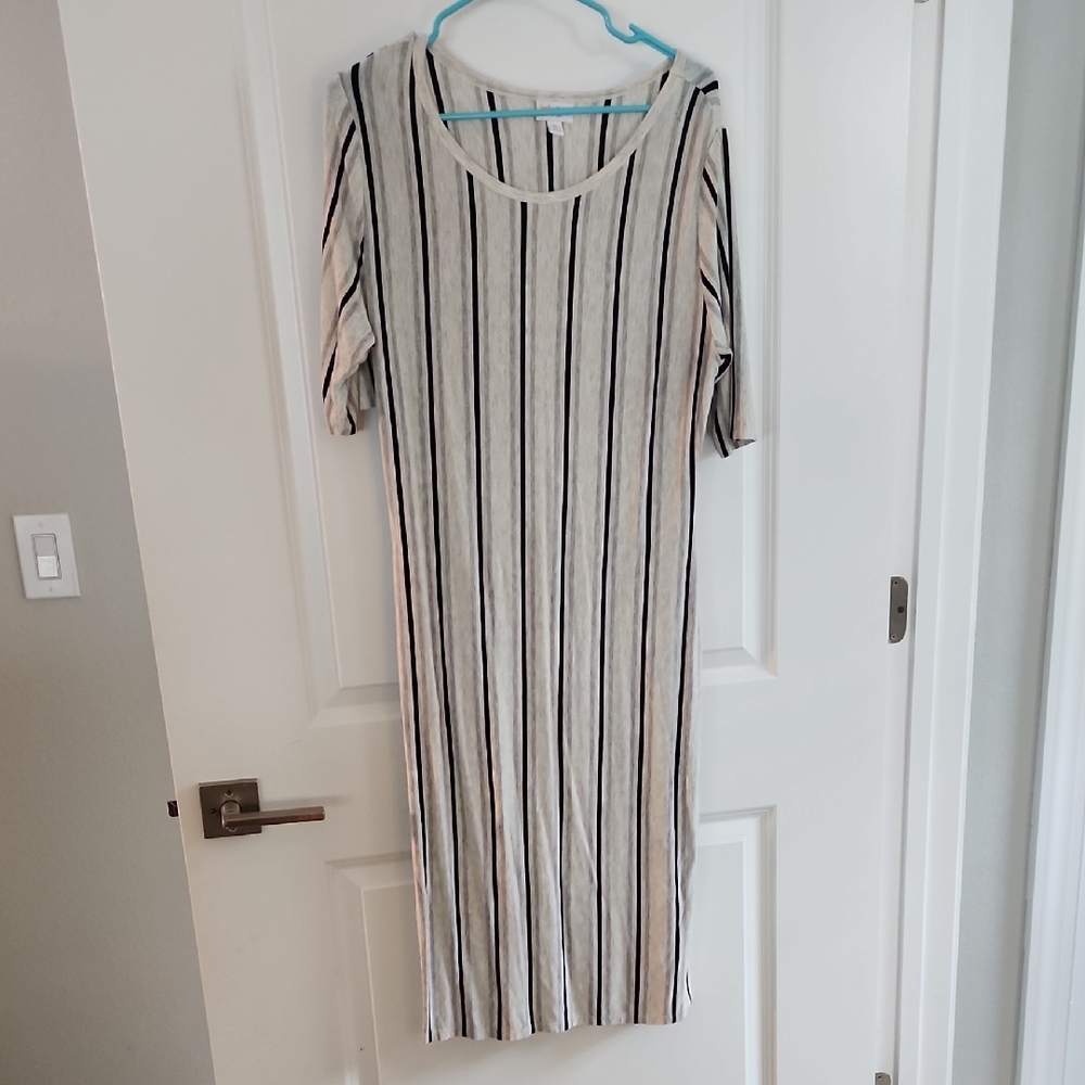 LuLaRoe Cream and Black Striped Long Sleeve Dress